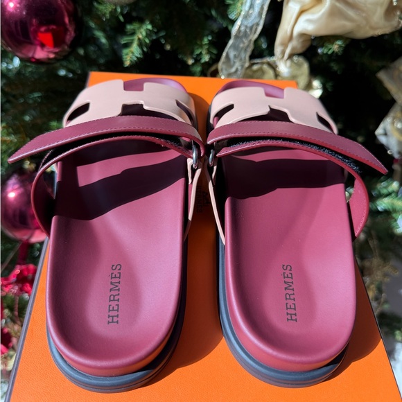 HERMES H CHYPRE ROUGE H BEIGE PERLINO LEATHER SANDALS SHOES FLAT SLIDES 37 NIB - Picture 5 of 15